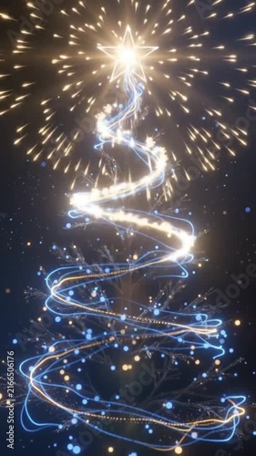 Christmas tree topped with a brilliant gold firework burst, ideal for New Year celebrations, holiday motion graphics, social media promos, and festive video editing assets.