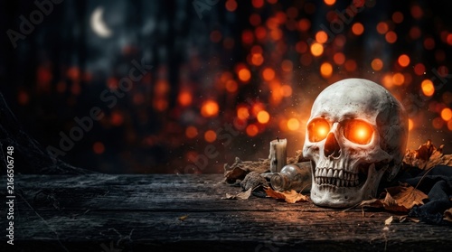 Halloween scene featuring human skull with glowing orange eyes on wooden table, autumn leaves, glass bottle, candle and spider web against dark bokeh background.