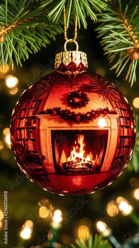 Festive Christmas scene in a vertical frame featuring a glossy copper-gold ornament hanging from a pine branch, reflecting a cozy fireplace and library inside, ideal for holiday Christmas