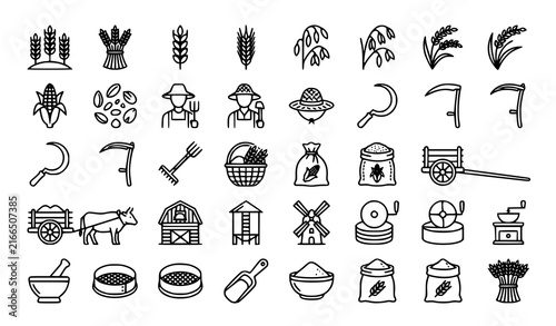 Foto Traditional Farming Grain Harvest and Agriculture Thin Line Icon Set