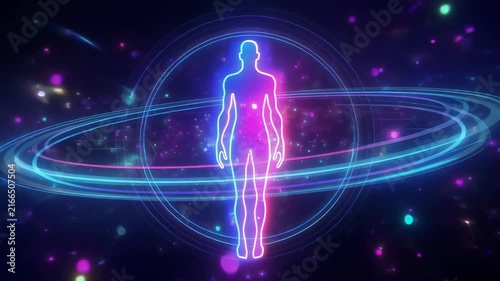Futuristic neon human silhouette surrounded by glowing orbit rings in digital space background