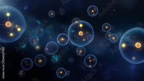 Abstract visualization of atoms and molecules in space with glowing particles and dark cosmic background