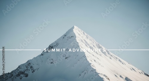 Snow capped mountain peak rising against clear blue sky featuring bold typography overlay text for high alpine travel branding.
