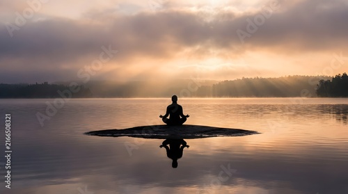 Tranquil person practicing meditation on a small water island during sunrise