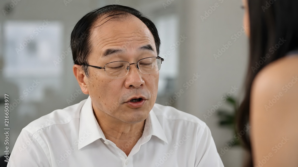 Obraz premium Sleepy Middle Aged Man Feeling Drowsy During a Conversation in the Office