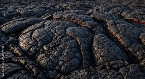 Abstract cracked dark gray lava field surface with glowing red cracks showing heat and molten rock underneath.