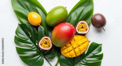 Fresh exotic tropical fruits including mango and passion fruit on green monstera leaves against clean white background top view.