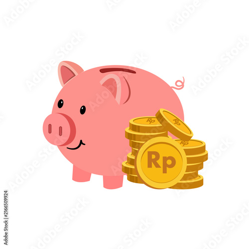 A charming pink piggy bank with a smiling face stands next to a stack of golden coins clearly marked with the Rupiah (Rp) symbol. This flat illustration represents saving and finance.