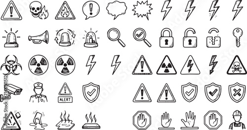 Doodle set of security and safety warning signs, hand drawn vector icons, black outline illustration for danger and protection concept.