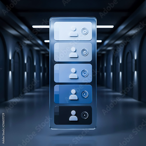 Futuristic transparent digital display showing user profile icons floating in a modern dark corridor