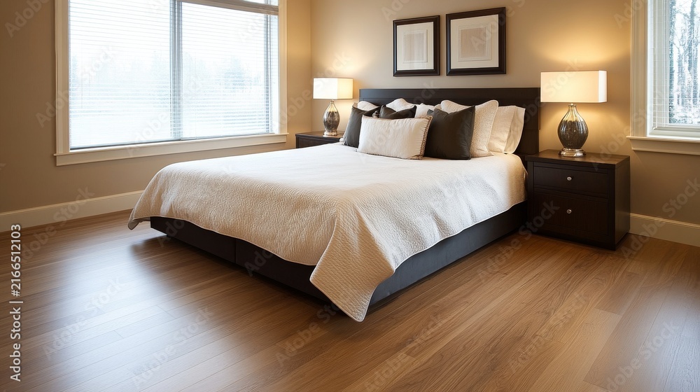 Fototapeta premium Wooden Laminate Floor Calm Bedroom With Beige Walls Wooden, digital innovation, artificial intelligence and connected business technology