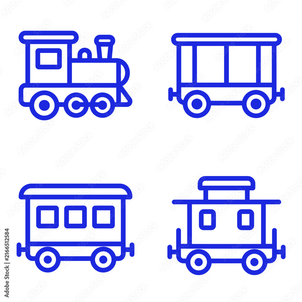 Naklejka premium Blue line art toy train with locomotive and four cars on wheels.