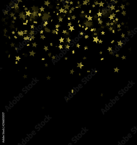 Photography Falling gold star confetti isolated on black background for festive celebration