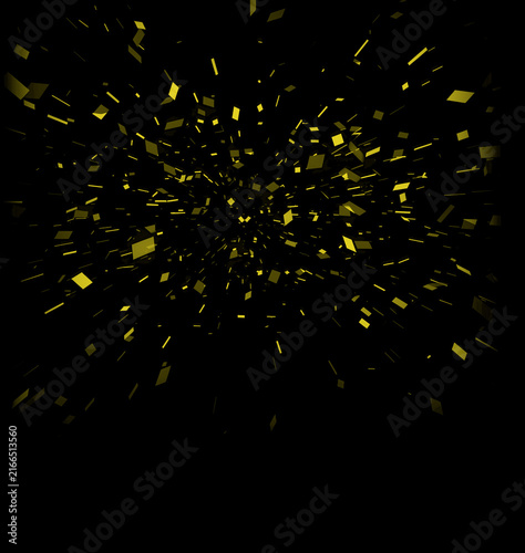Golden confetti explosion on black background for festive celebration and party design