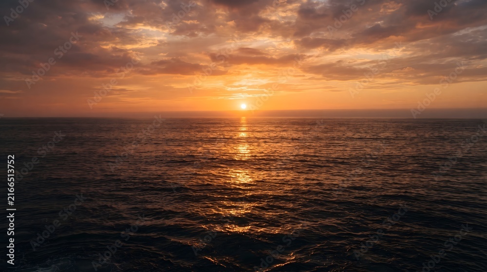 Obraz premium A stunning golden sunset over the calm ocean horizon with soft clouds and light reflecting on the water surface
