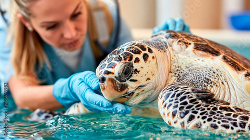 Veterinarian caring for a sea turtle during rehabilitation in a wildlife rescue center for world animal day and marine conservation