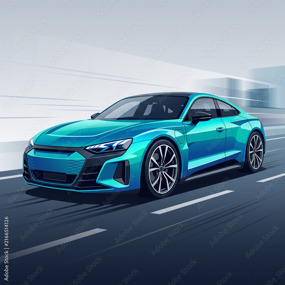 Naklejka premium Vibrant turquoise electric sports car speeding on futuristic highway at dusk.