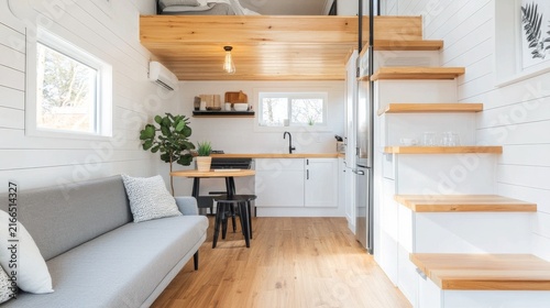 Wooden Laminate Floor Tiny House Living Area Wooden Lamina, digital innovation, artificial intelligence and connected business technology