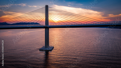 Peljesac Bridge over Adriatic Sea at sunset