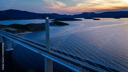 Peljesac Bridge over Adriatic Sea at sunset