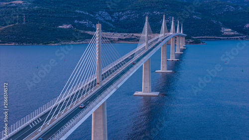 Peljesac Bridge over Adriatic Sea at sunset