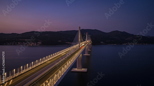 Peljesac Bridge over Adriatic Sea at blue hour