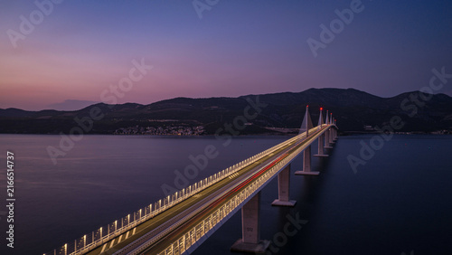 Peljesac Bridge over Adriatic Sea at blue hour