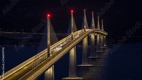 Peljesac Bridge over Adriatic Sea at blue hour