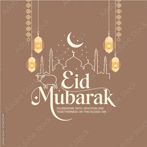 Elegant Eid Mubarak Islamic Greeting Card with Crescent Moon, Hanging Golden Lanterns, Mosque Line Art and Decorative Border, Luxury Vector Template for Muslim Festival Celebration