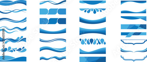 Collection of abstract blue water wave design elements and decorative borders for graphic design and web backgrounds