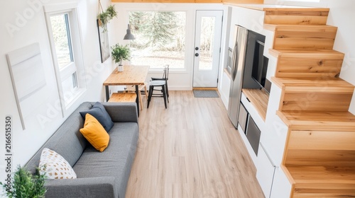 Wooden Laminate Floor Tiny House Living Area Wooden Lamina, digital innovation, artificial intelligence and connected business technology