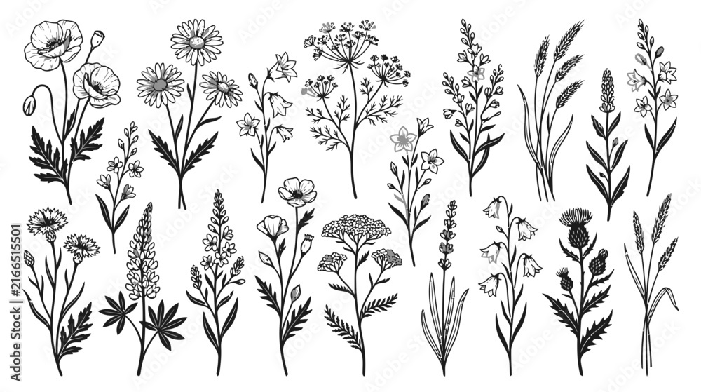 Fototapeta premium Botanical Line Art: Wildflower Collection - Floral Illustrations