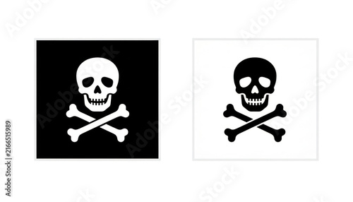 Minimal skull and crossbones hazard icon set, black and white pirate symbol illustration, danger warning pictogram PNG