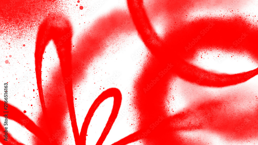 Fototapeta premium Red spray paint abstract stroke graffiti art with aerosol splatter. Urban aerosol line texture isolated on white background for streetwear apparel print and poster design.
