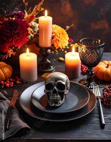 Eerie Halloween Table Setting with Skull and Candles
