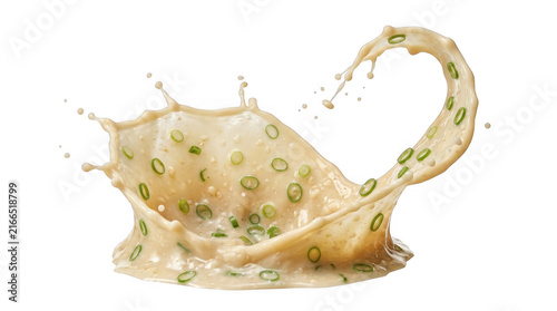 Creamy soup splash with green onion rings isolated element.