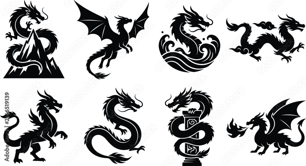 Obraz premium Dragon Silhouette Vector Set Featuring Asian Eastern Dragons and Western Flying Fire Breathing Mythical Creatures