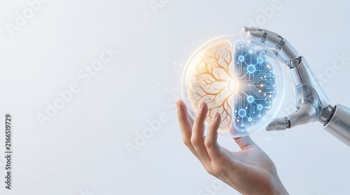 Human hand and robotic hand holding a glowing artificial intelligence brain