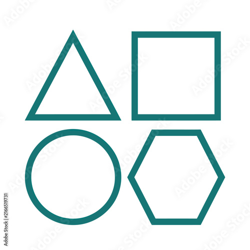 Geometric Shapes: Triangle, Square, Circle, Hexagon Outline Icons on White Background