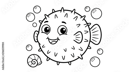 Cute cartoon puffer fish with bubbles in a black and white line drawing style.