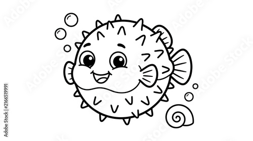 Cute cartoon puffer fish with bubbles in a black and white line drawing style.