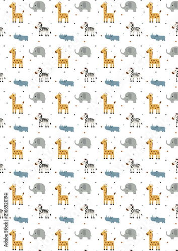 A4 seamless safari pattern sheet with cute jungle animals for nursery printable decor