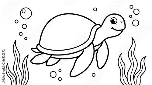 A cute cartoon sea turtle swimming underwear with bubbles and seaweed for a children coloring book page.
