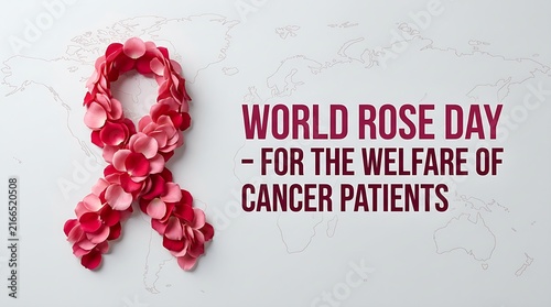 World rose day awareness ribbon made of pink rose petals for the welfare of cancer patients on a light background