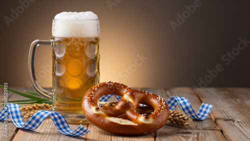 Beer Mug with Salted Pretzels - Golden Lager, Wheat Stalks, and Checkered Ribbon on Rustic Wood for Oktoberfest Celebrations, August Harvest Themes, and Bavarian Beer Garden Marketing