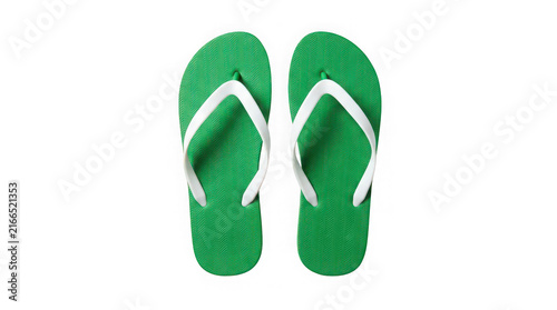 Pair of green flip flops with white straps for summer