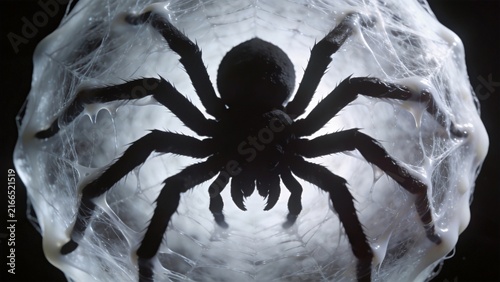 Fearsome black spider poised at the center of an illuminated silk web cocoon