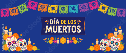 Dia de los Muertos Festive Banner with Sugar Skulls, Marigold Flowers and Papel Picado