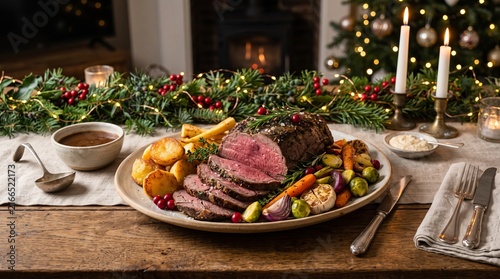 Festive Christmas Roast Beef Dinner with Roasted Vegetables