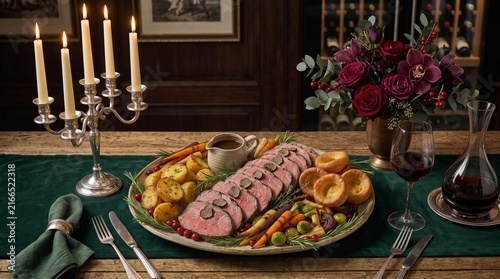 Festive Christmas Roast Beef Dinner with Roasted Vegetables